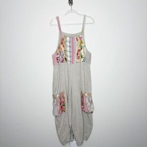 B. Hadikusumo Linen Overalls Floral Patchwork Bubble Pockets Pink Tan Size 1